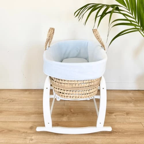 Premiers Moments Lits Bébé Couffin Avec Support Blanc & Habillage Azur En Coton Bio 6 Premiers Moments Lits Bébé Couffin Avec Support Blanc & Habillage Azur En Coton Bio – Image 4