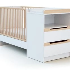 AT4 Lits Bébé Lit Combiné Evolutif Blanc Et Hêtre Verni